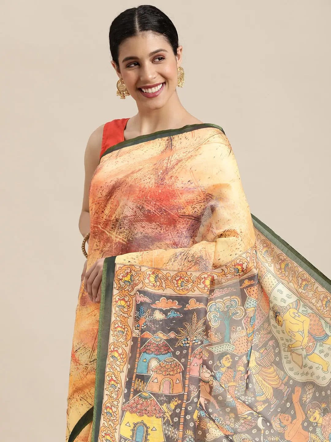 Mustard Colour Kalamakri Digital Print Soft Linen Saree