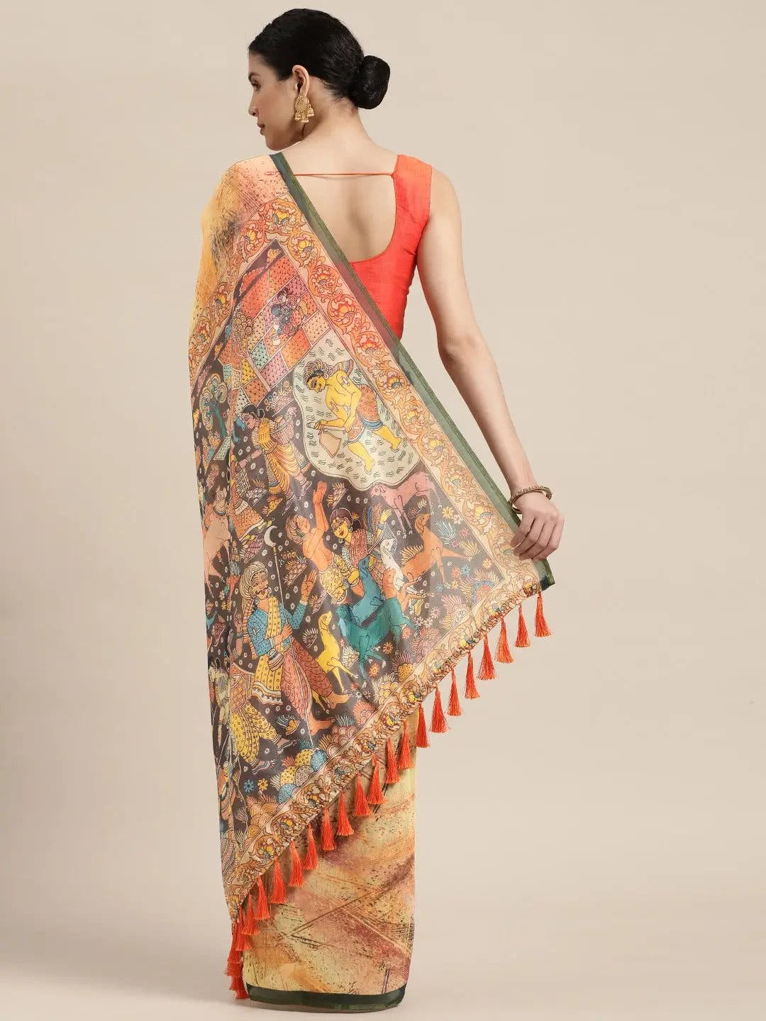 Mustard Colour Kalamakri Digital Print Soft Linen Saree