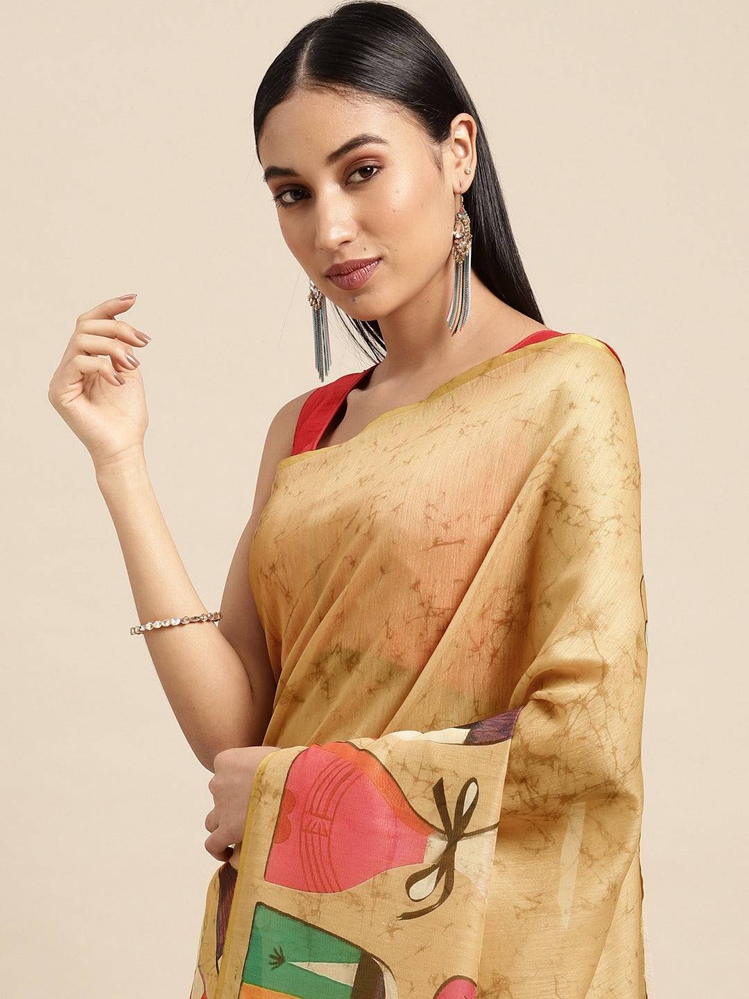 Beautiful Mustard Colour Digital Print Soft Linen Saree