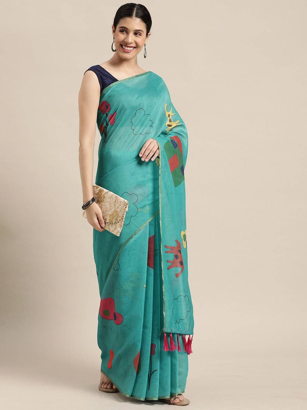 Beautiful Sky Blue Colour Digital Print Soft Linen Saree