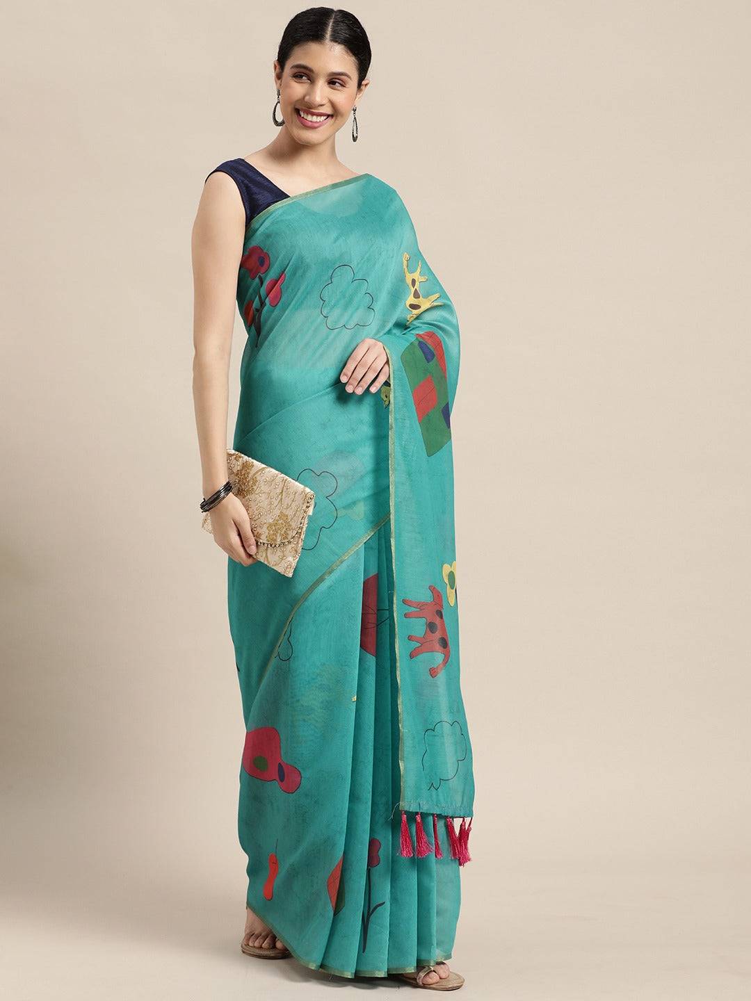 Beautiful Sky Blue Colour Digital Print Soft Linen Saree
