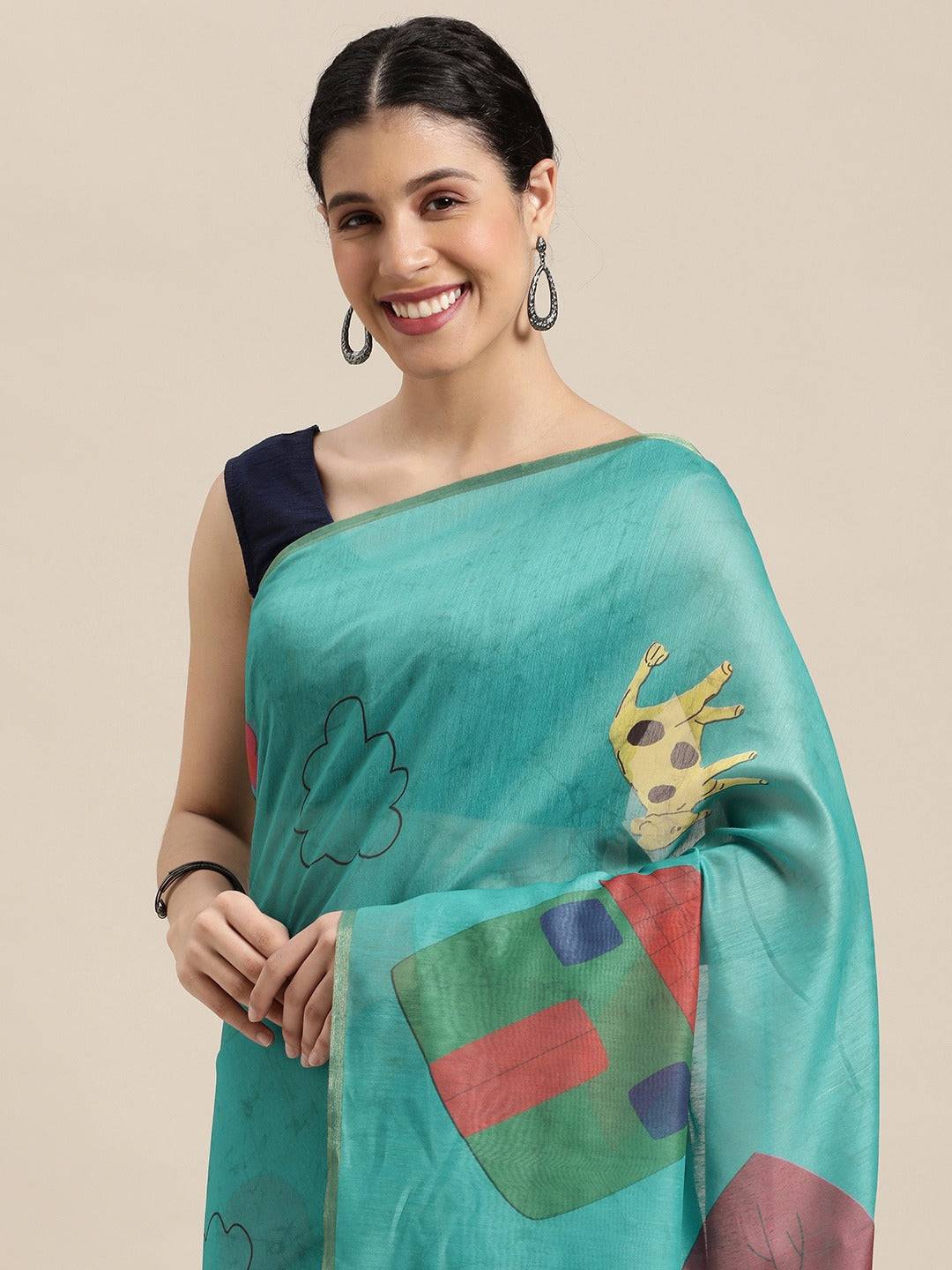 Beautiful Sky Blue Colour Digital Print Soft Linen Saree