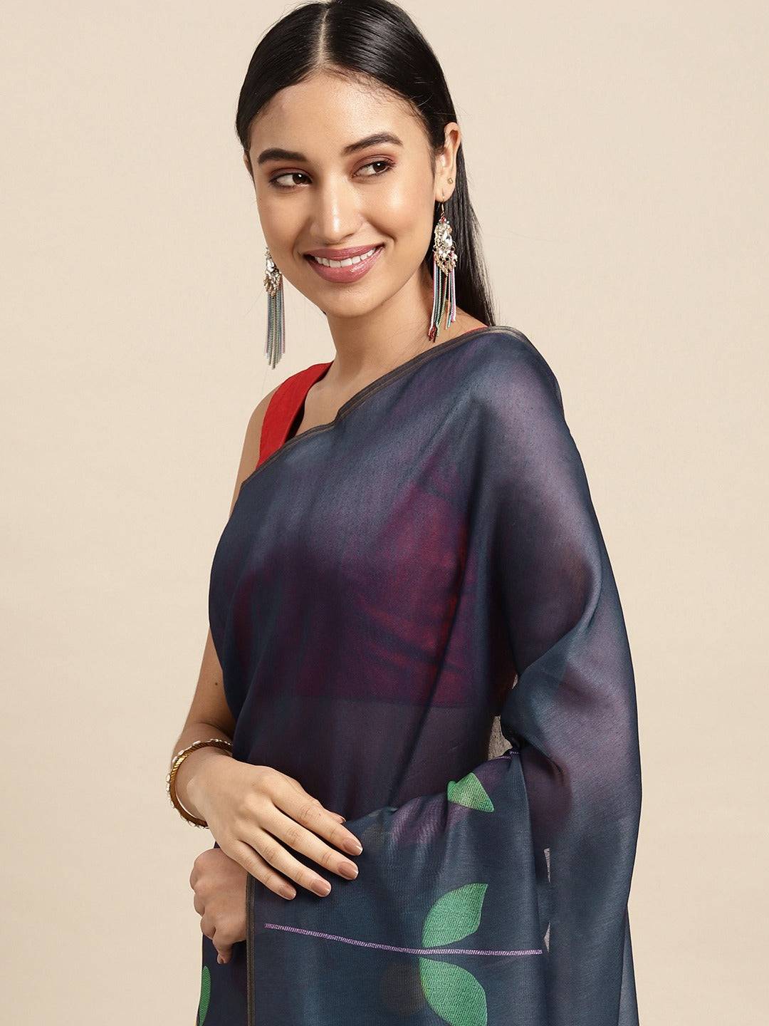 Beautiful Blue Colour Digital Print Soft Linen Saree