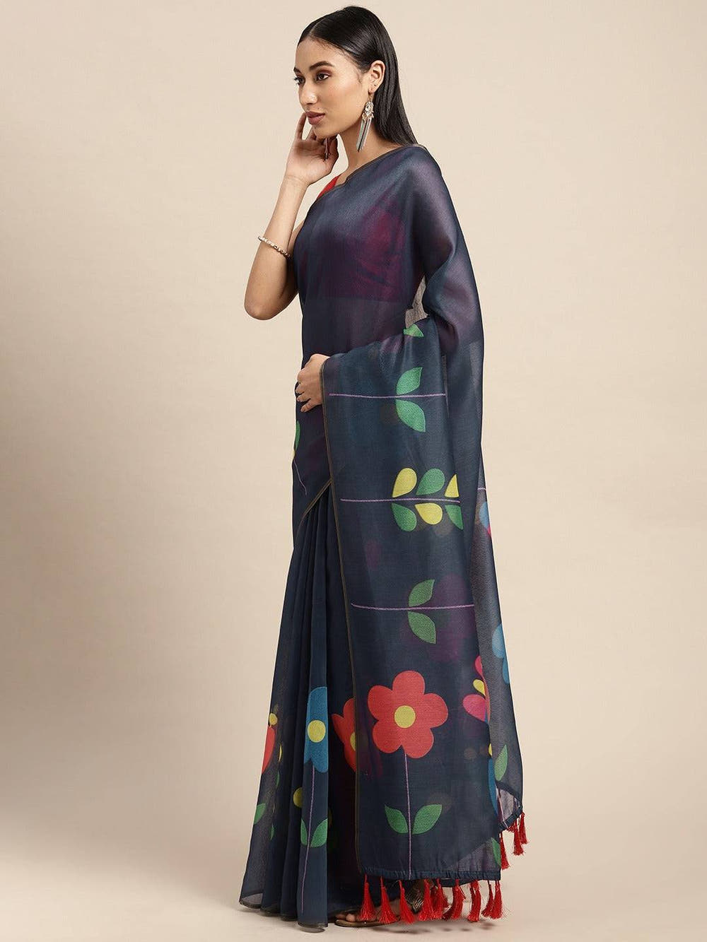 Beautiful Blue Colour Digital Print Soft Linen Saree
