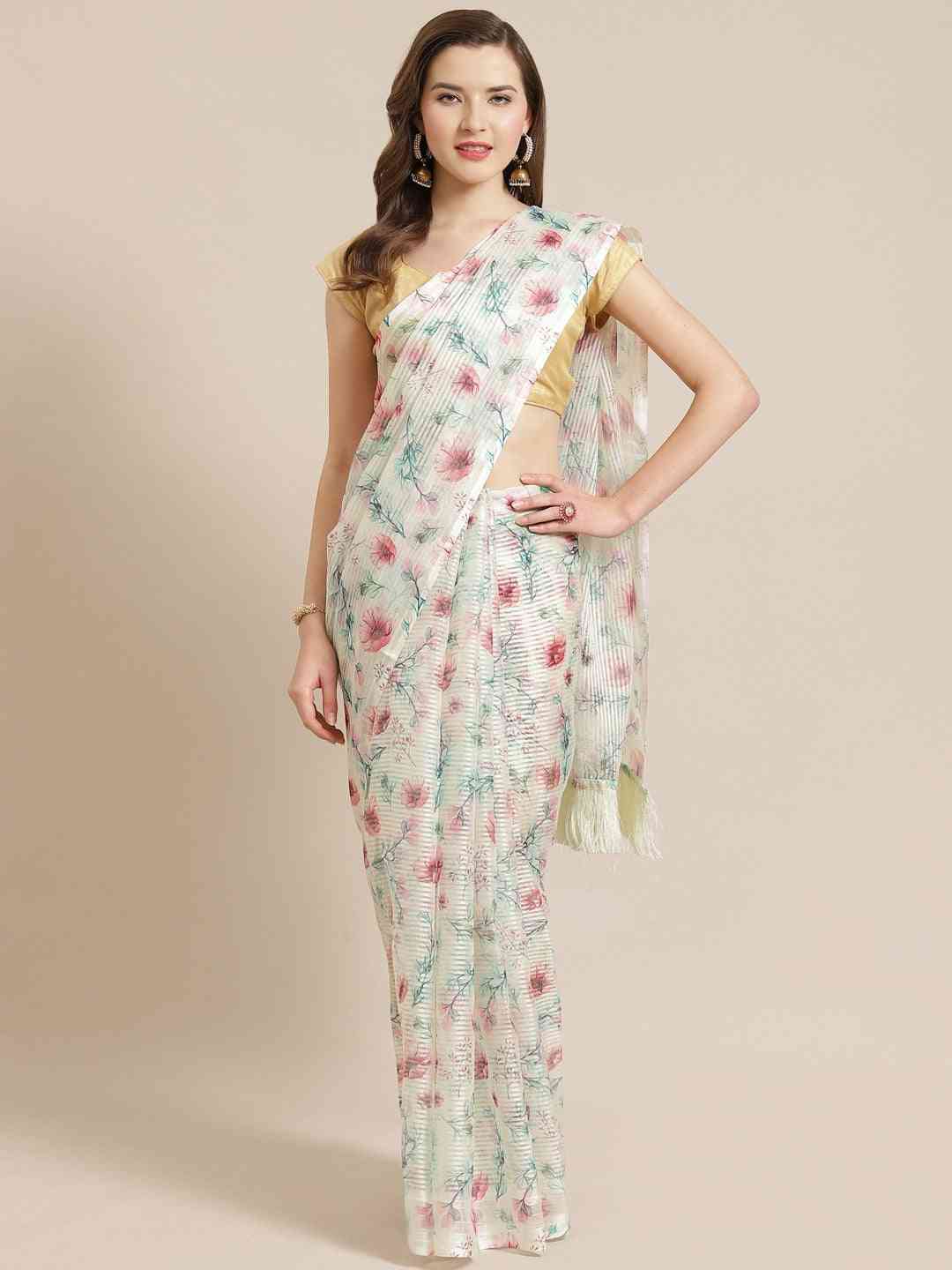 Stylish Off White Poly Chiffon Floral Digital Print Saree