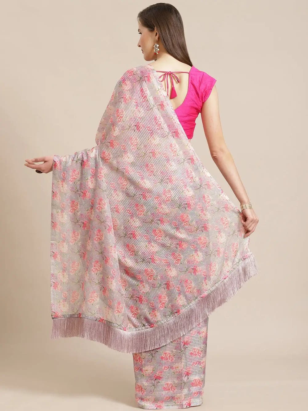 Stylish Pink Colour Poly Chiffon Floral Digital Print Saree