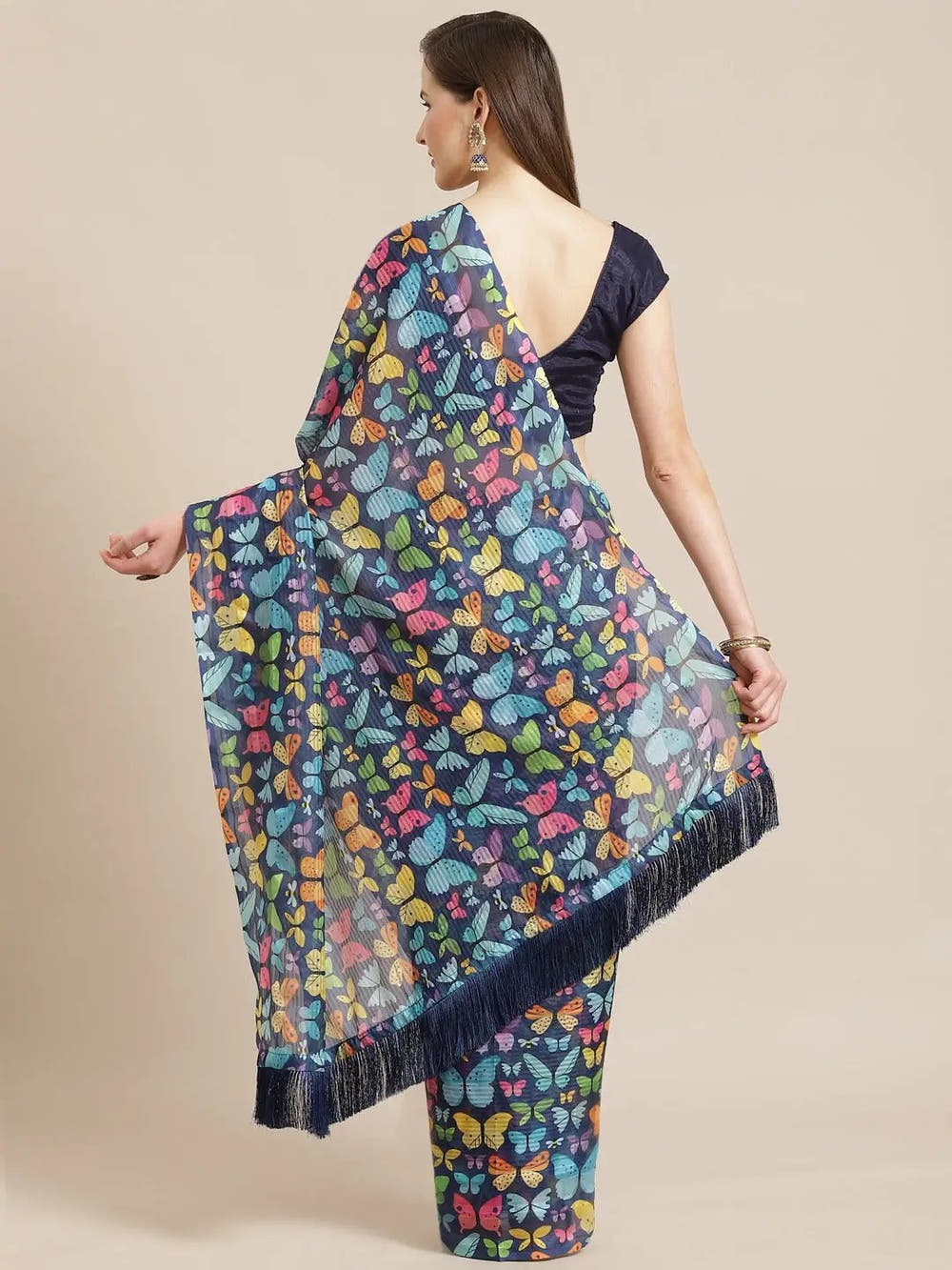 Stylish Poly Chiffon Butterfly Print Saree