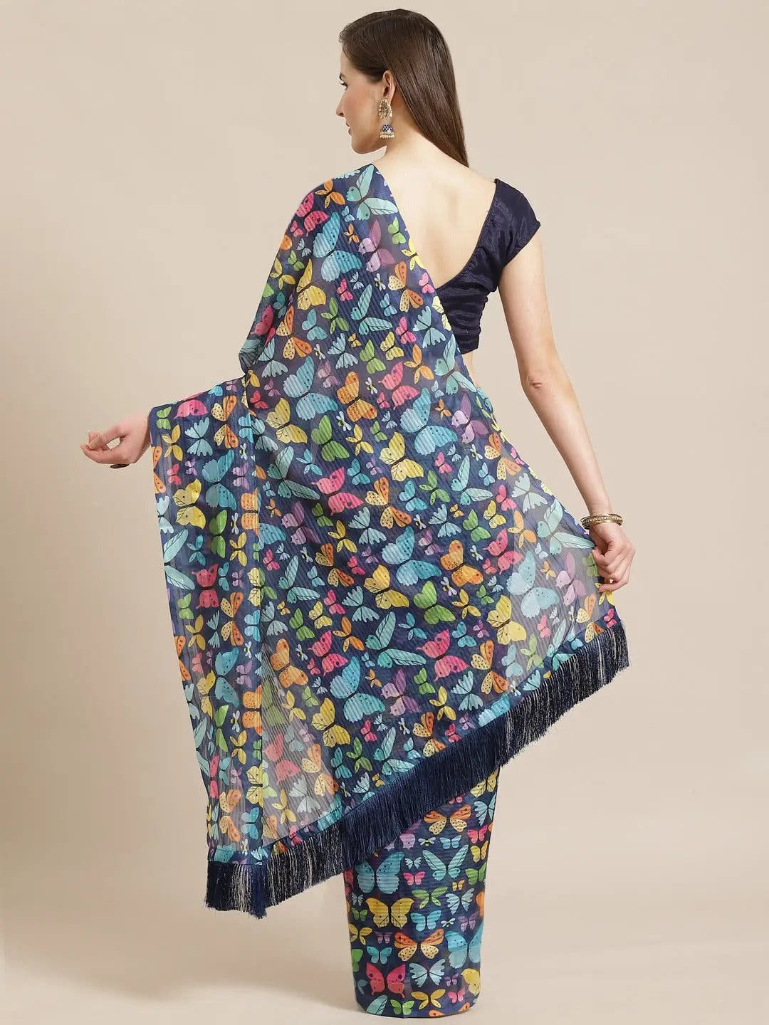 Stylish Poly Chiffon Butterfly Print Saree