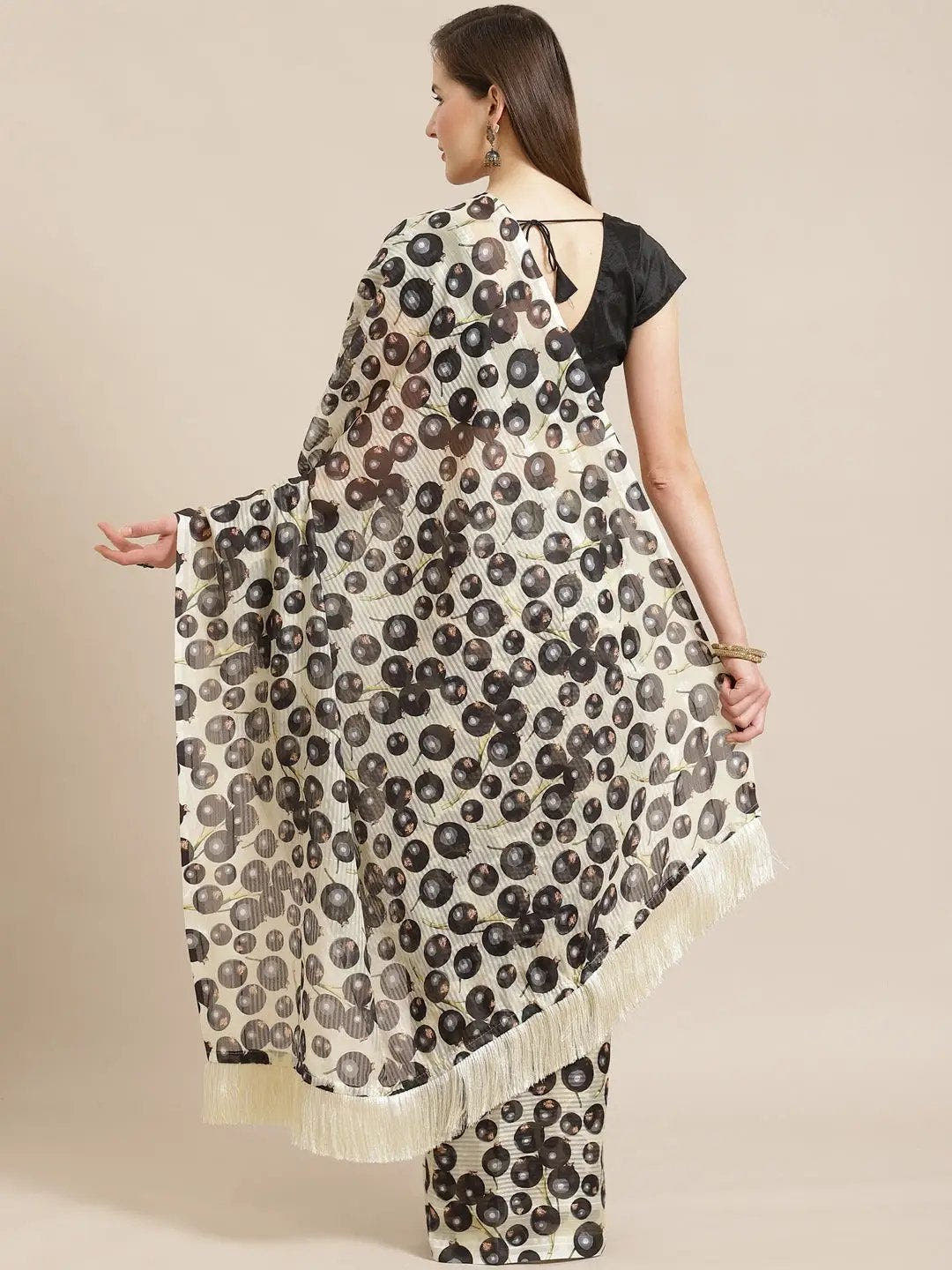 Stylish Cream Colour Poly Chiffon Geometric Print Saree