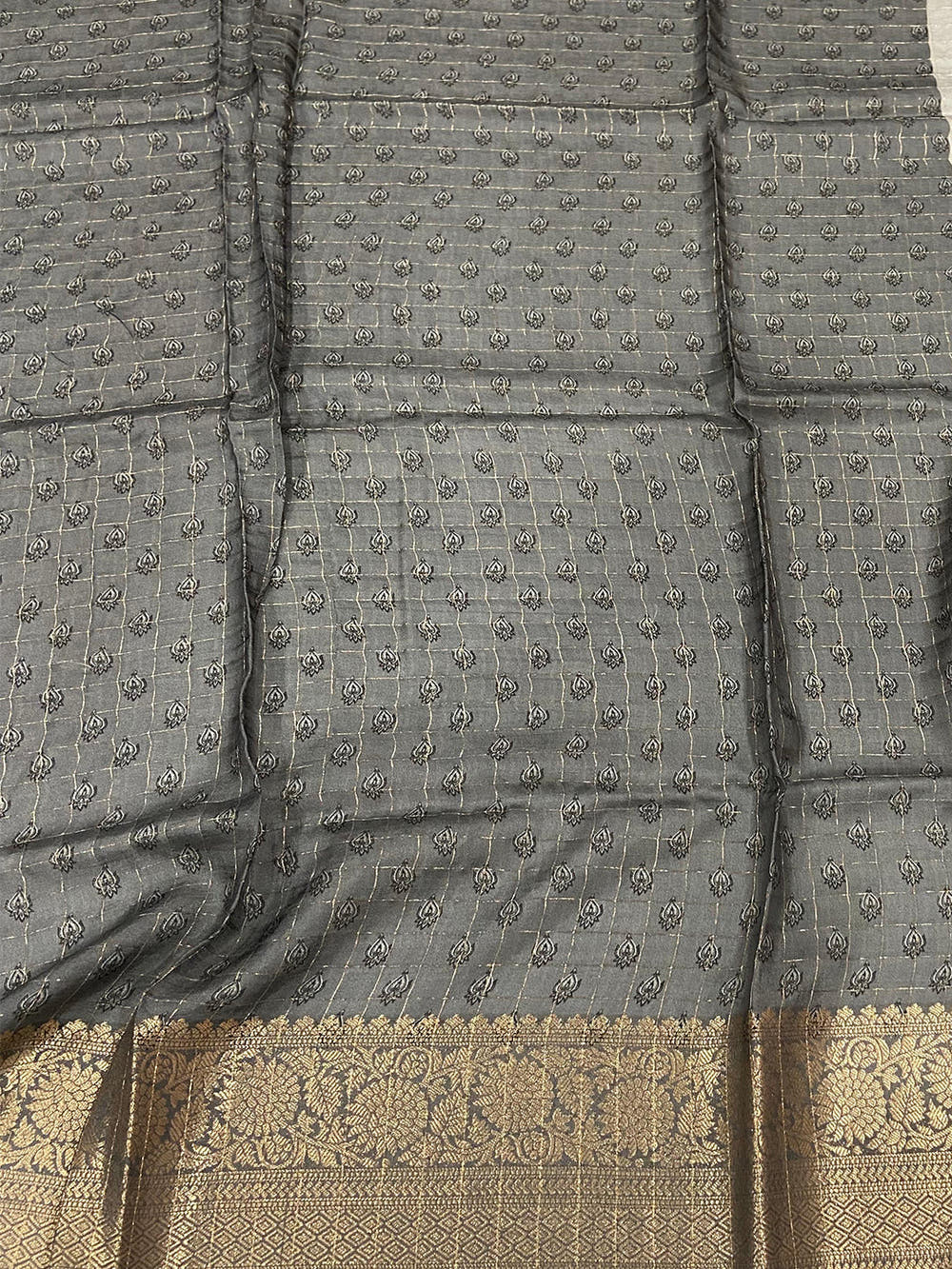 Grey Floral Zari Chex Saree