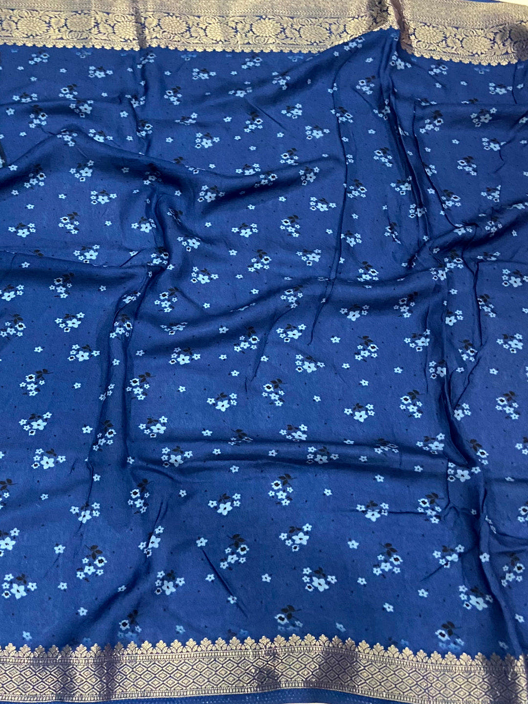 Blue Floral Peacock Fusion Saree