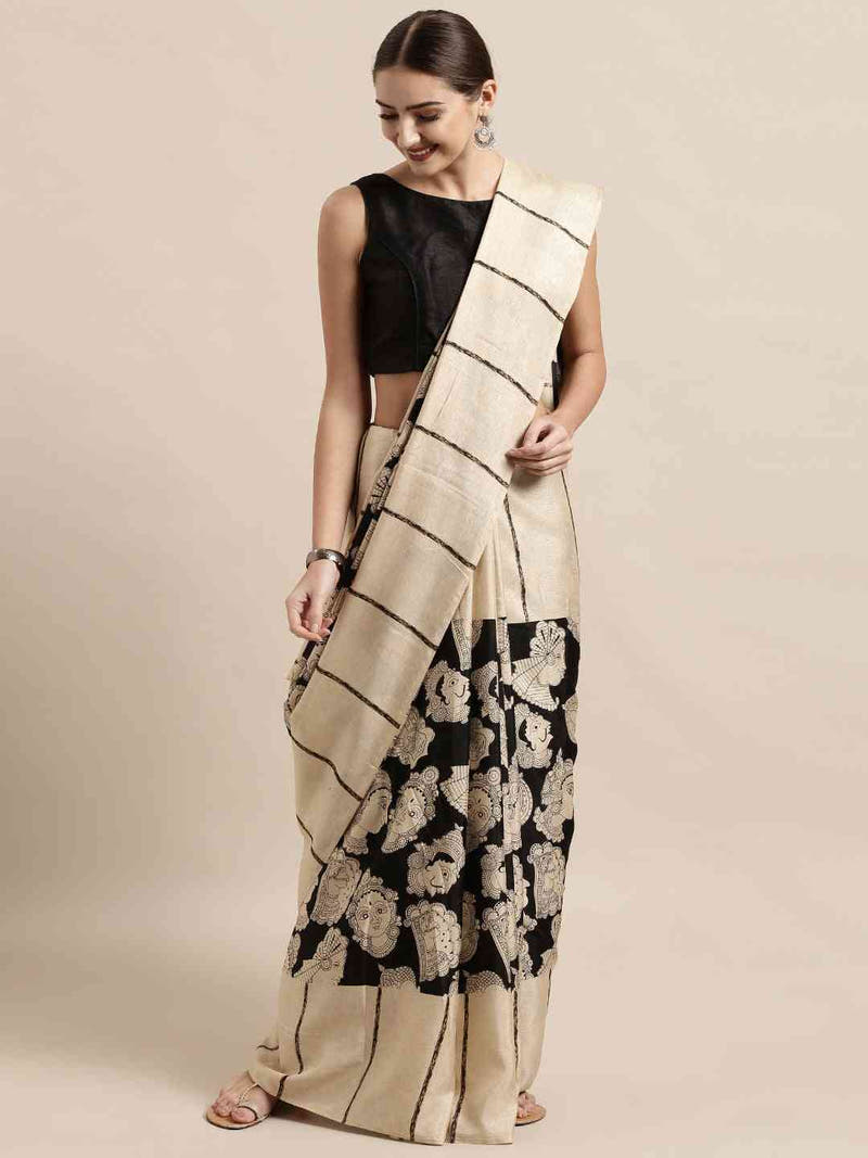 Soft Linen Black Colour Chanderi Saree with Enchanting Kalamkari Print
