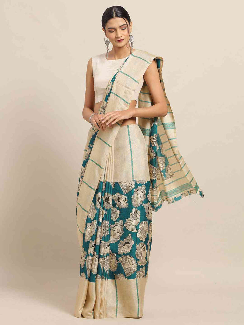Stylish Linen Printed And Kalamkari Work Chanderi Saree
