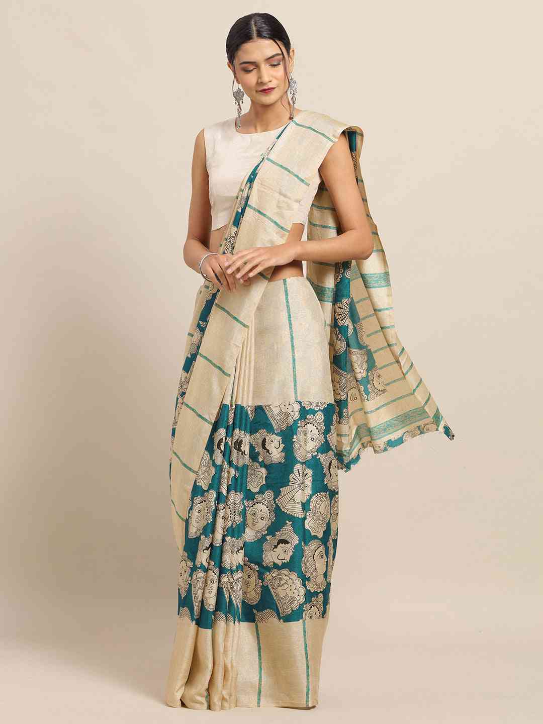 Stylish Linen Printed And Kalamkari Work Chanderi Saree