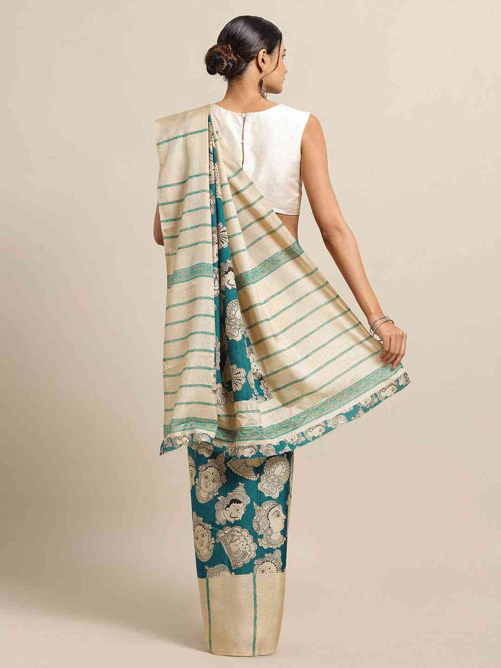 Stylish Linen Printed And Kalamkari Work Chanderi Saree