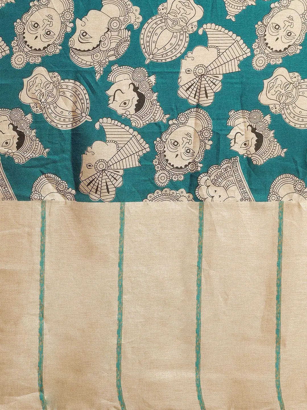 Stylish Linen Printed And Kalamkari Work Chanderi Saree