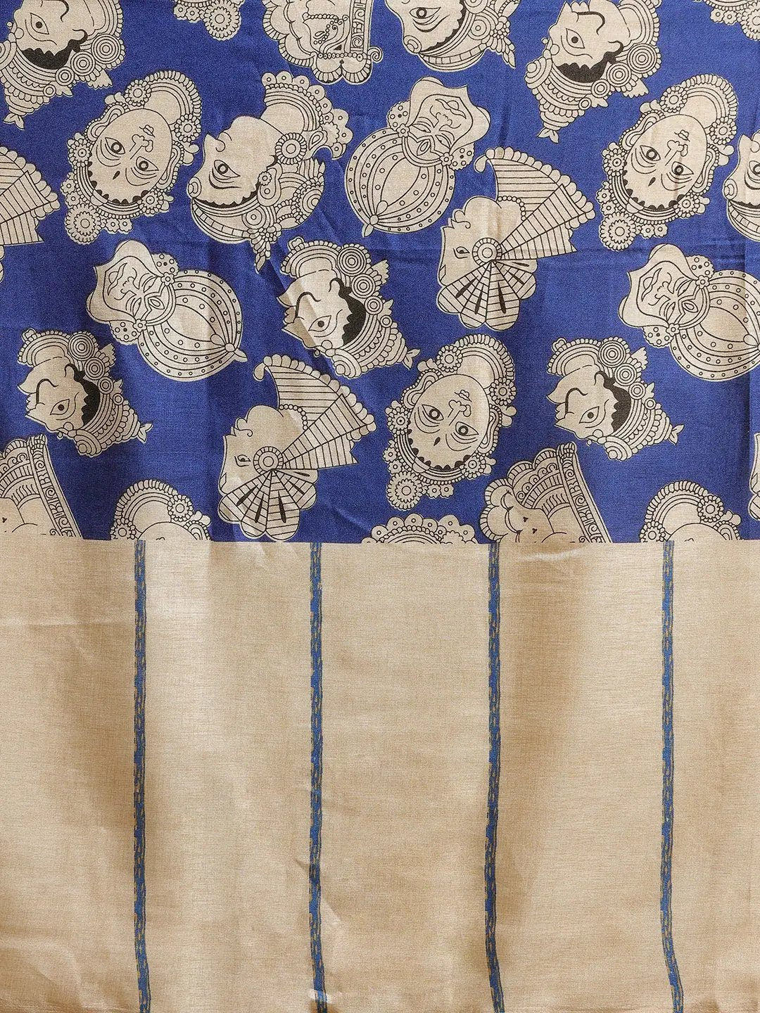 Stylish Linen Printed And Kalamkari Work Chanderi Saree