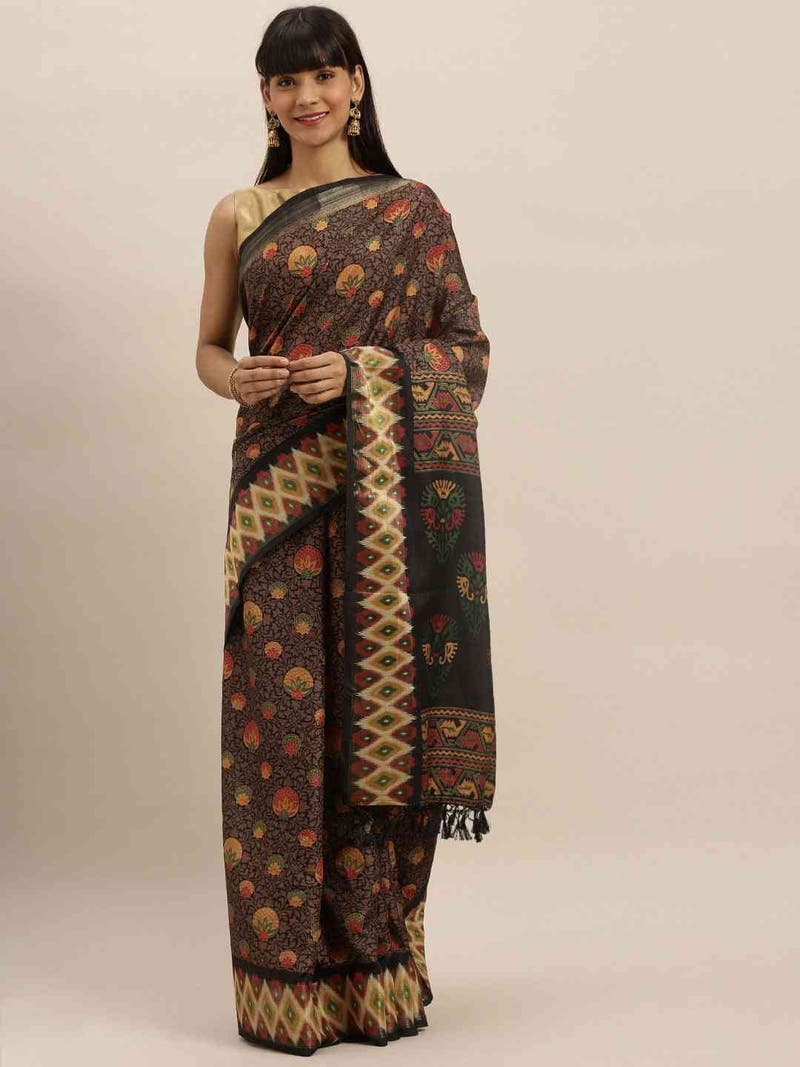 Beautiful Linen Brown Colour Pochampalli Zari Woven Desing Saree