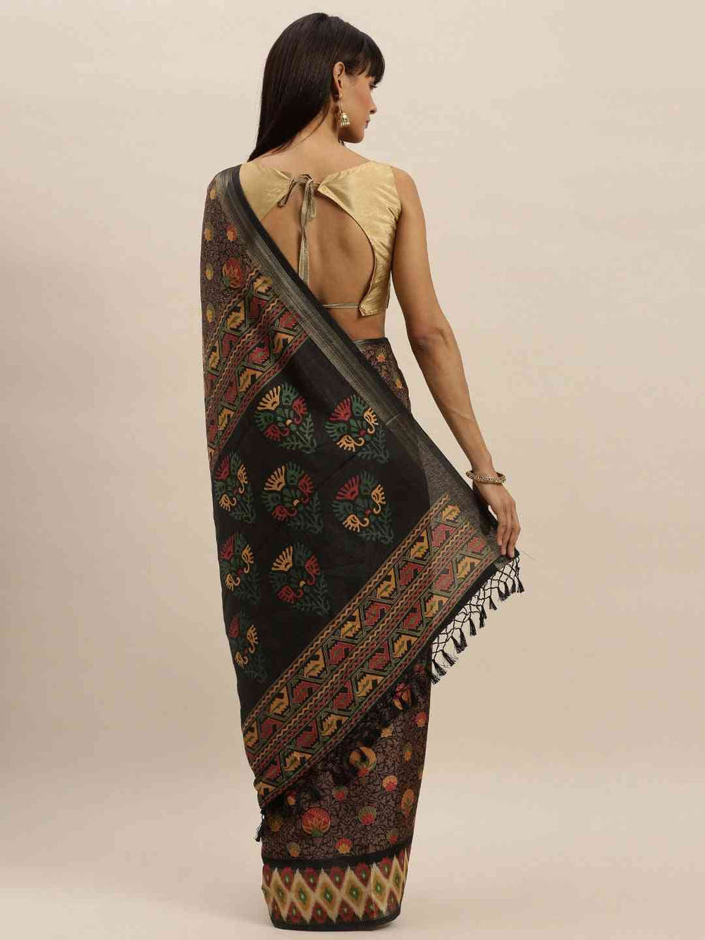 Beautiful Linen Brown Colour Pochampalli Zari Woven Desing Saree