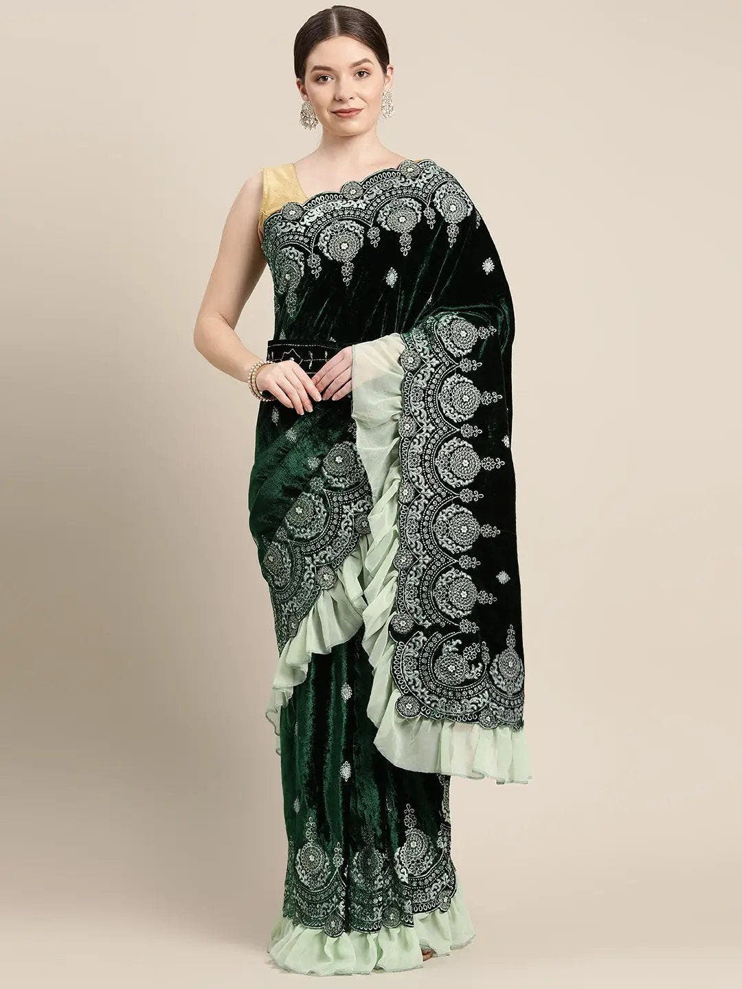Stylish Embroidered With Ethnic Motifs Velvet Saree