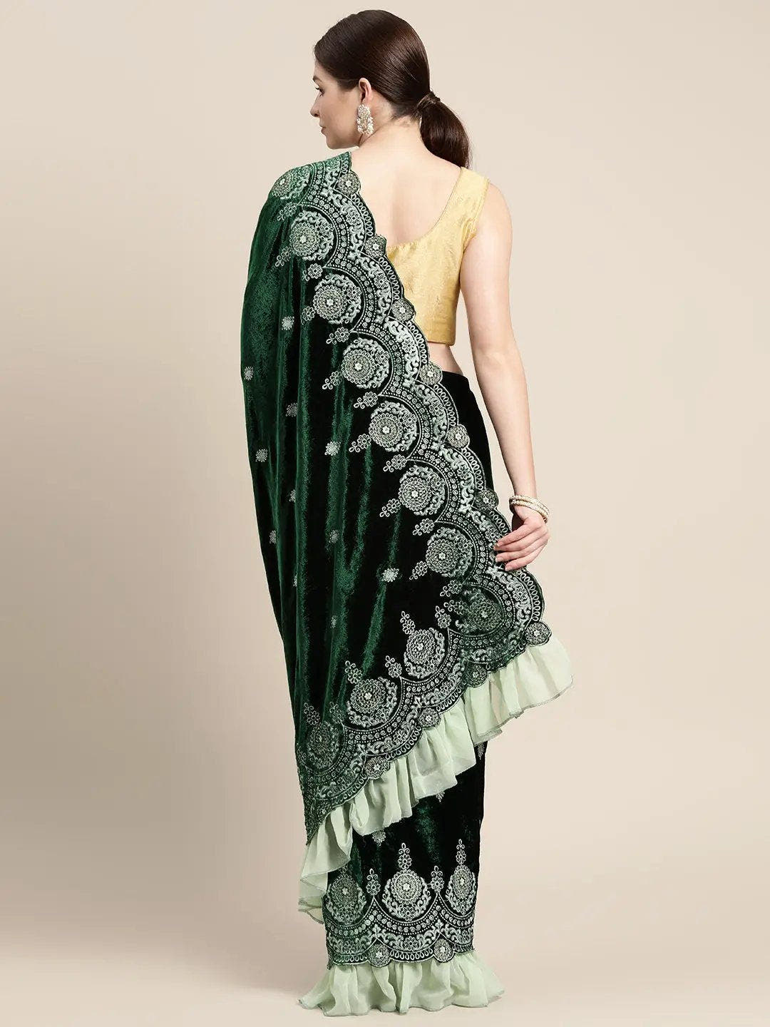Stylish Embroidered With Ethnic Motifs Velvet Saree