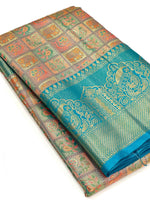 Sky Blue Animal Motif Saree With Gold Zari Border