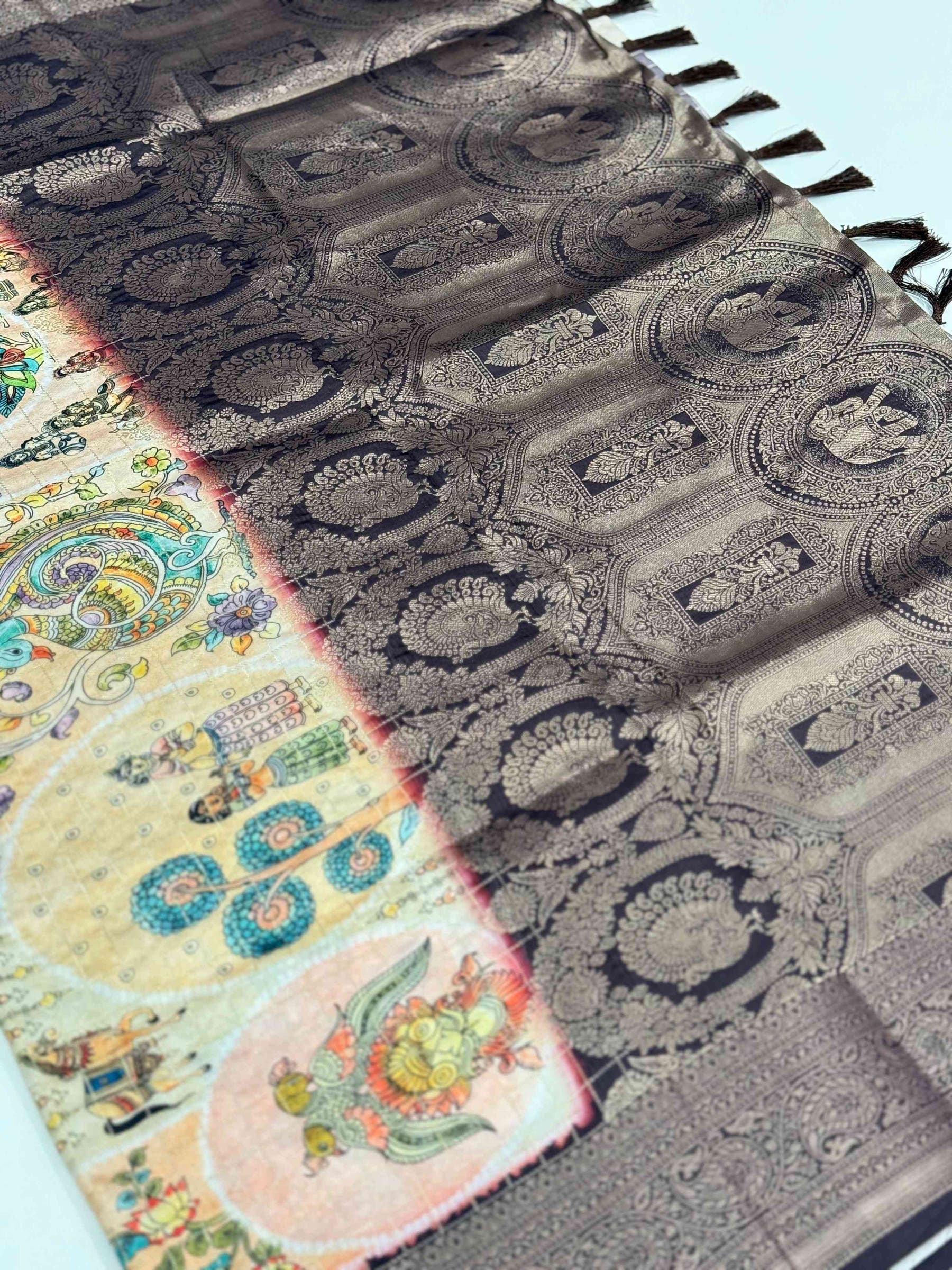 Artisanal Brown Silk Blend Kalamkari Saree