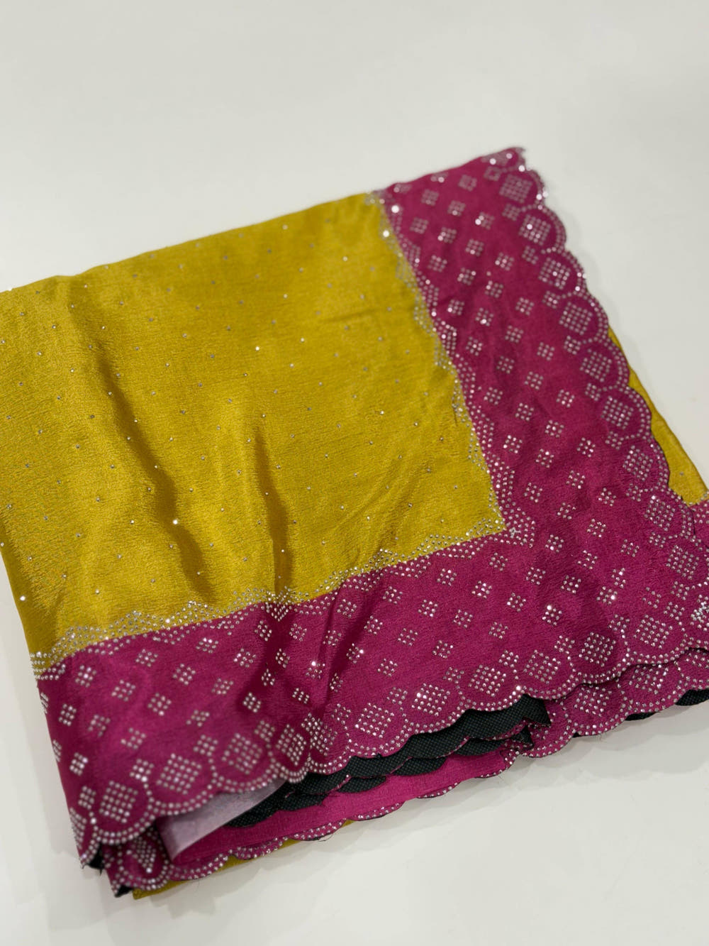 Mustard Poly Chiffon Diamond Stone Work Saree