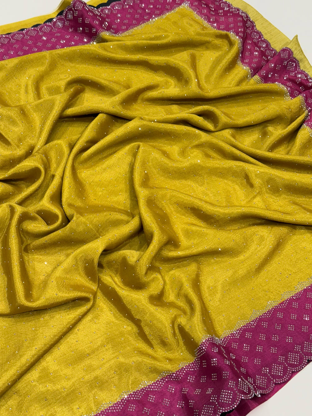 Mustard Poly Chiffon Diamond Stone Work Saree