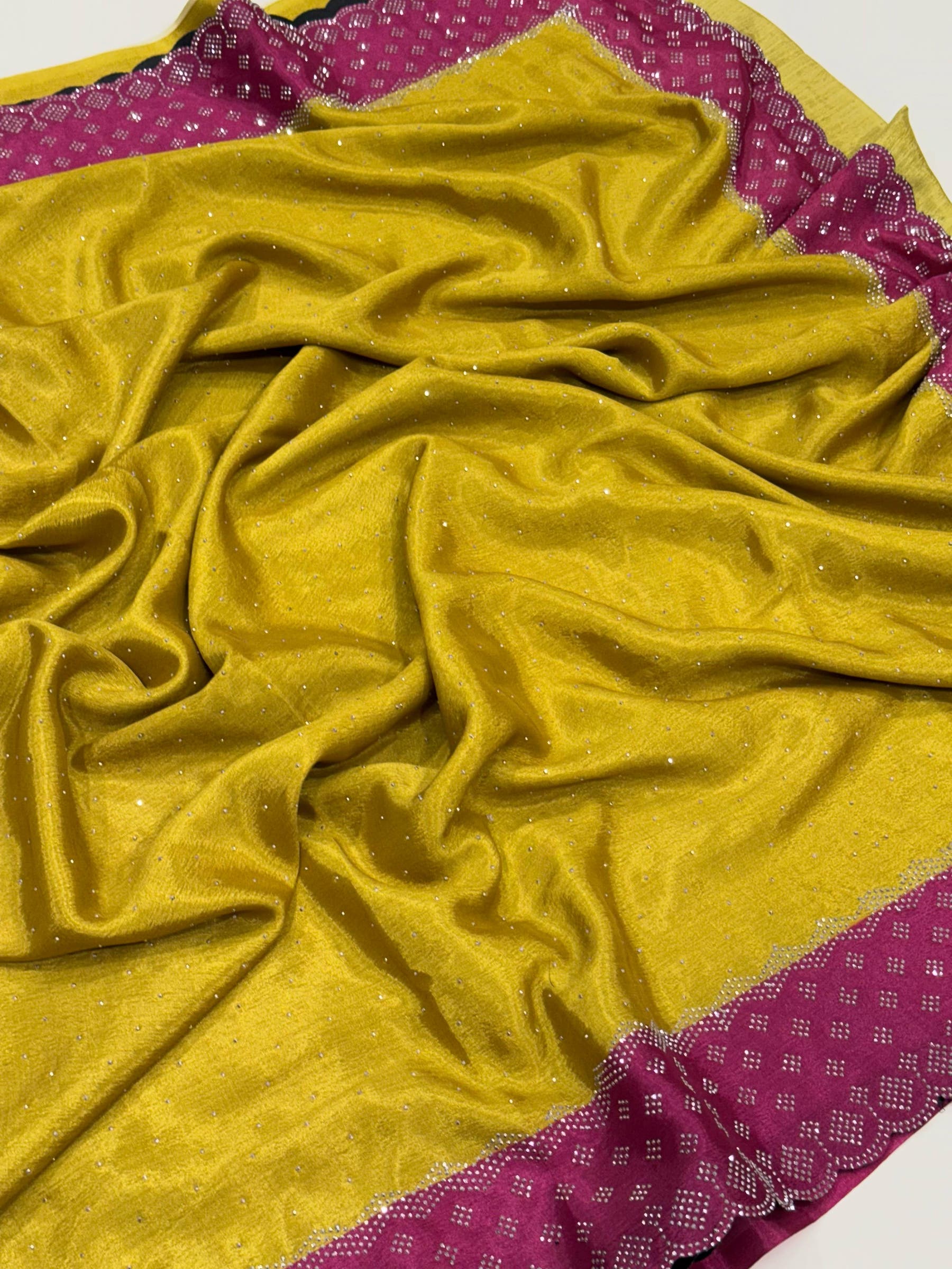 Mustard Poly Chiffon Diamond Stone Work Saree
