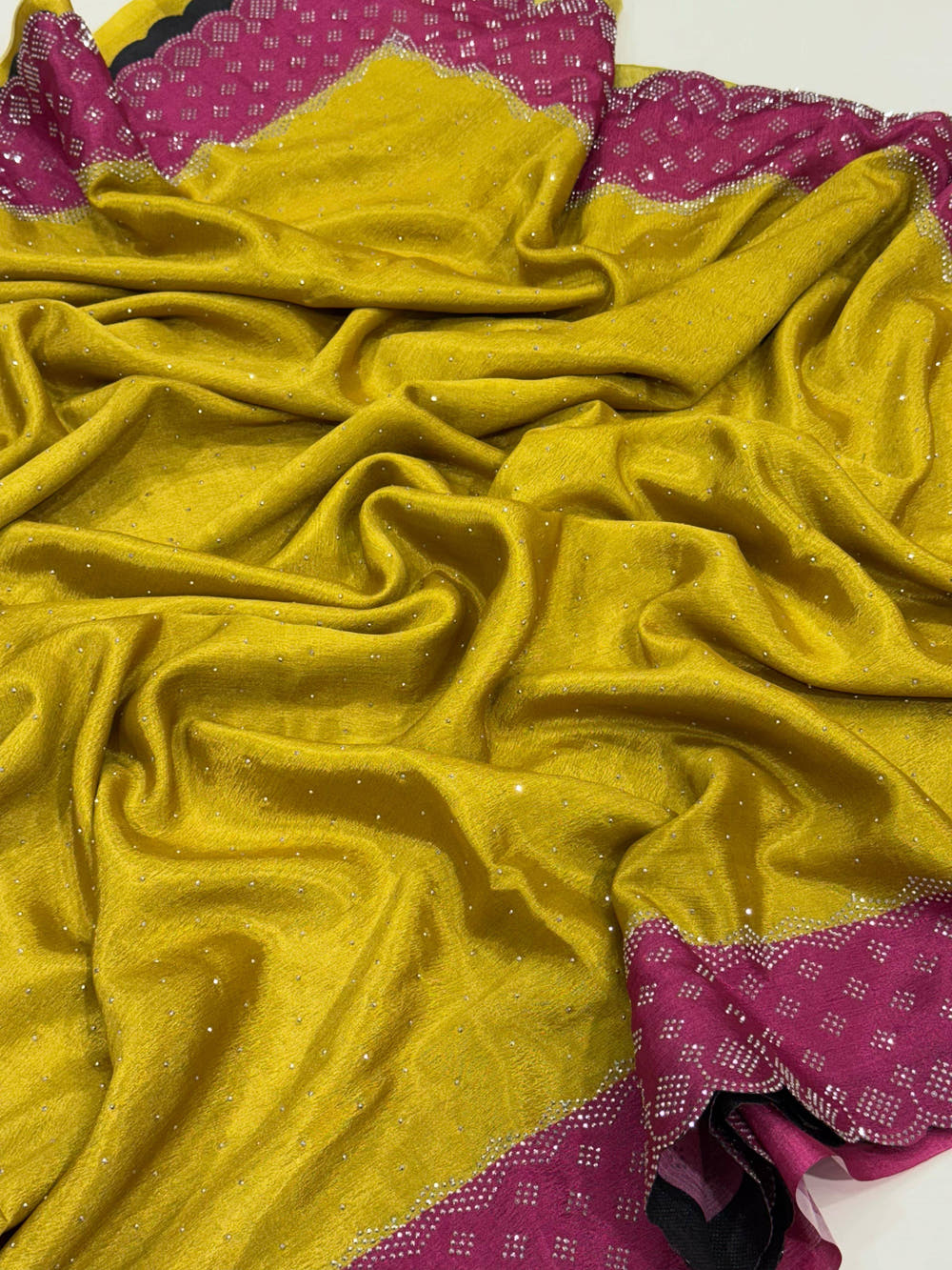 Mustard Poly Chiffon Diamond Stone Work Saree