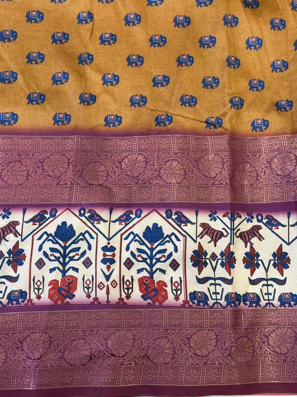 Artistic Mustard Kalamkari Silk Saree