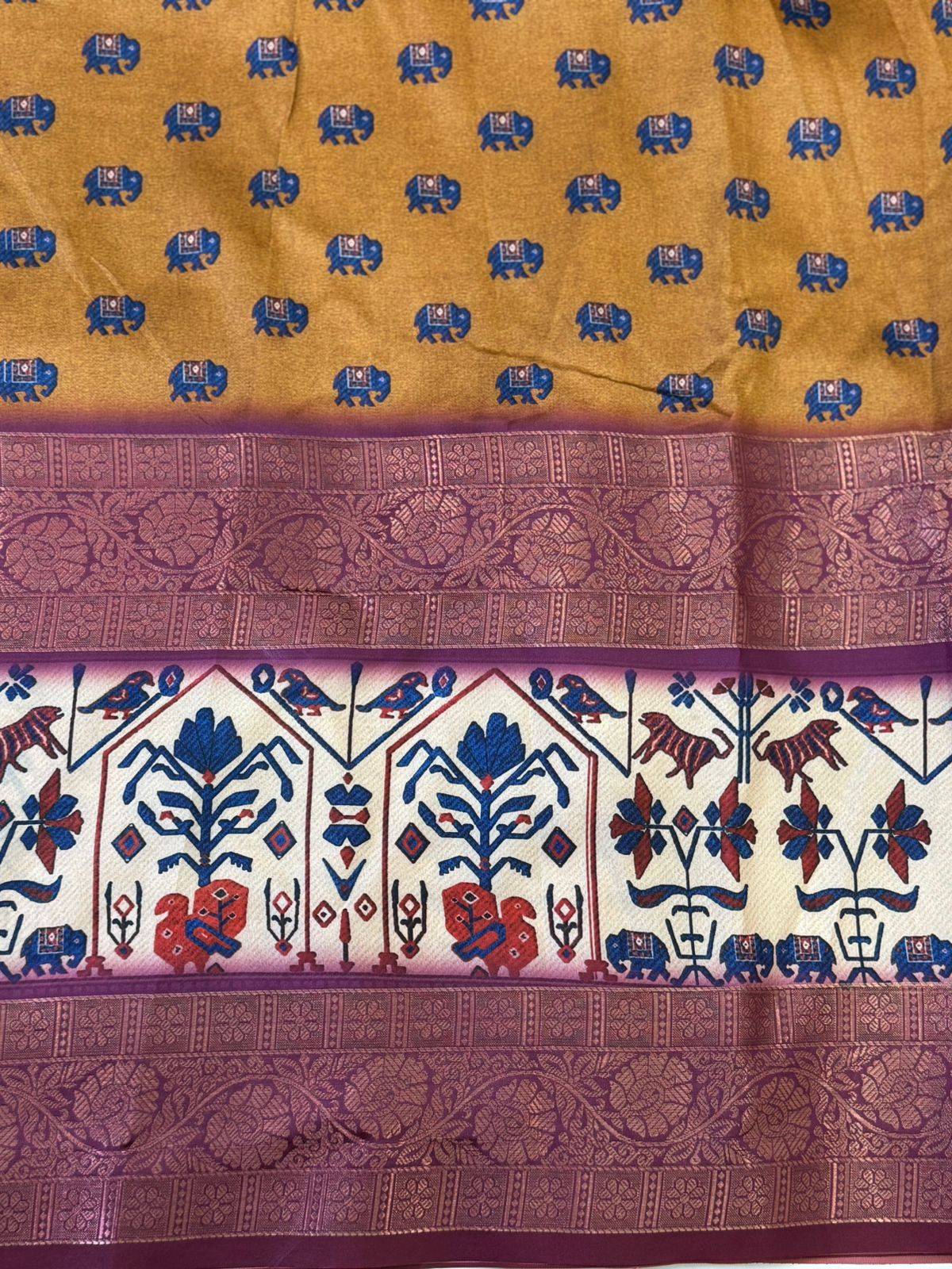 Artistic Mustard Kalamkari Silk Saree