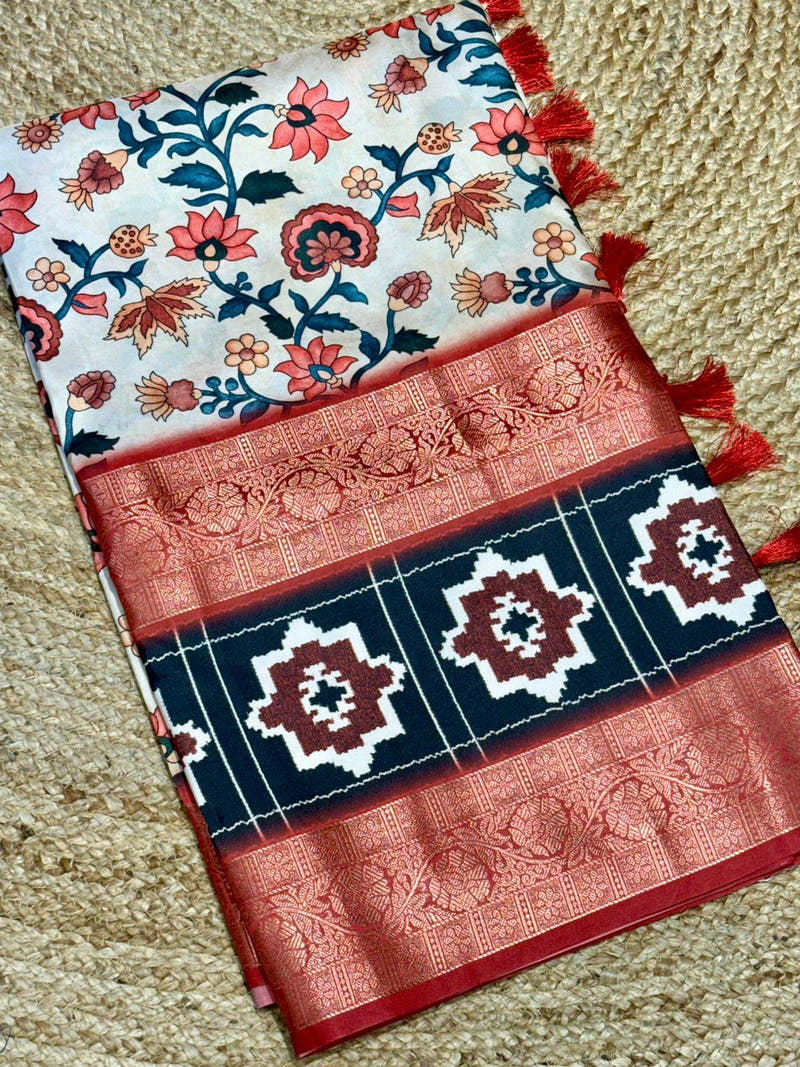 Artistic Cream Kalamkari Silk Saree