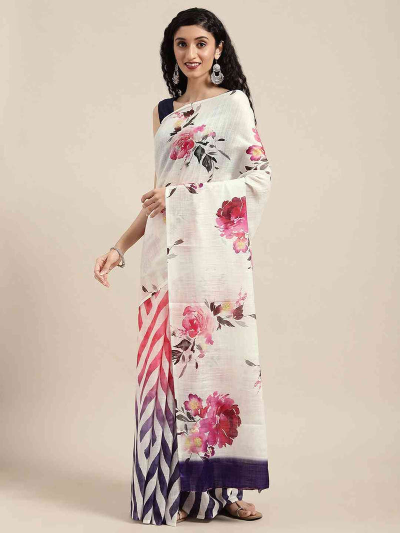 Beautiful Linen Floral And Geometric Print Saree