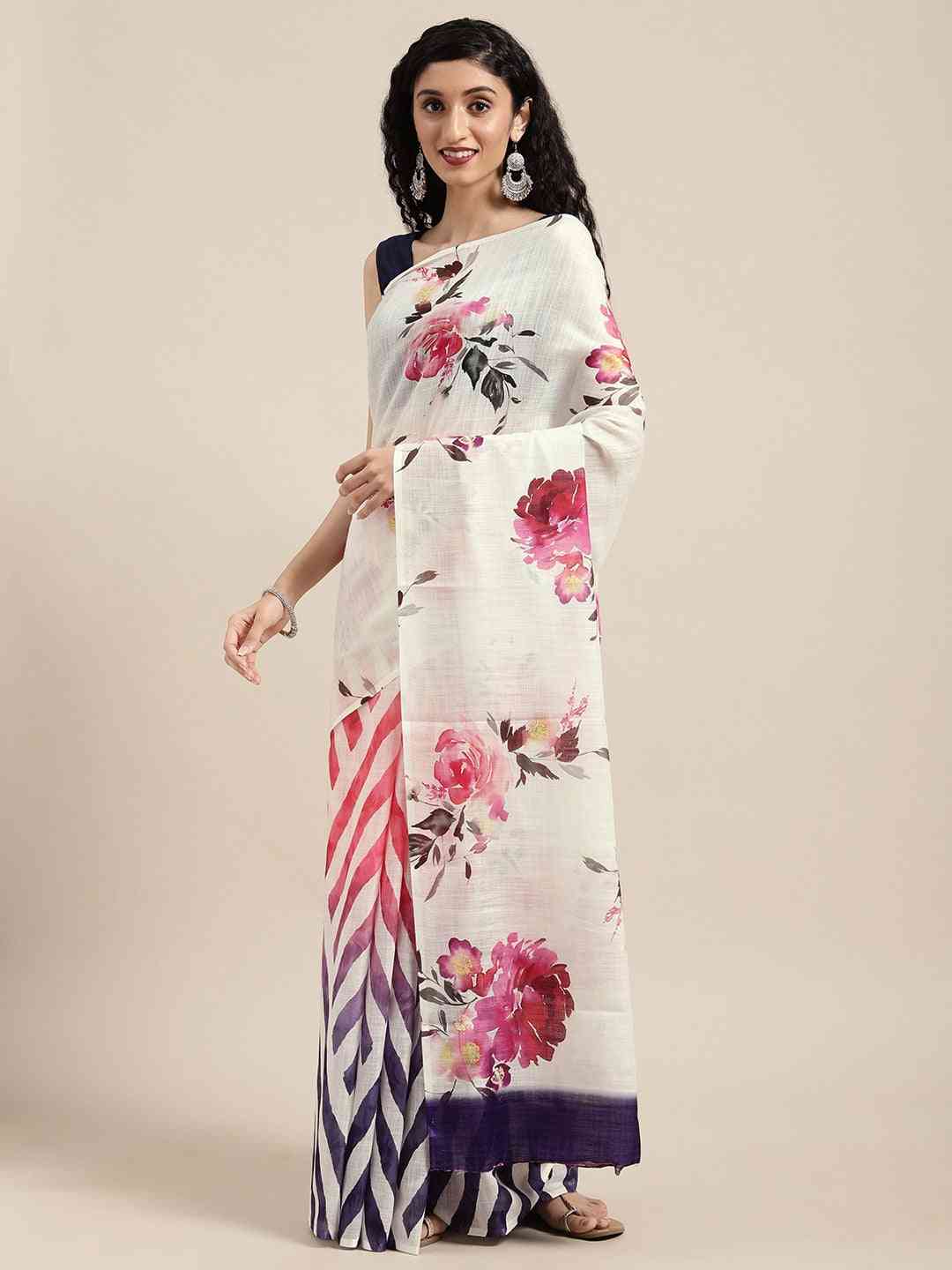 Beautiful Linen Floral And Geometric Print Saree