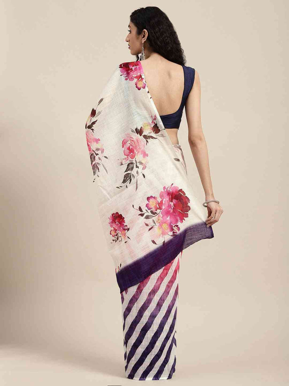 Beautiful Linen Floral And Geometric Print Saree