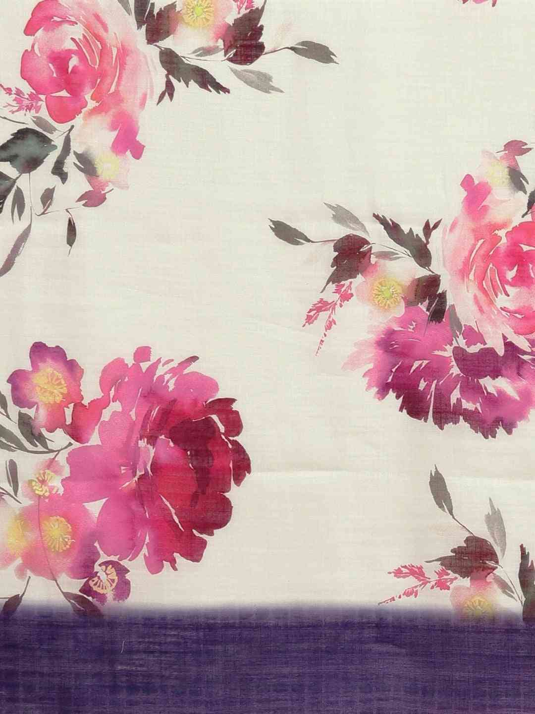 Beautiful Linen Floral And Geometric Print Saree