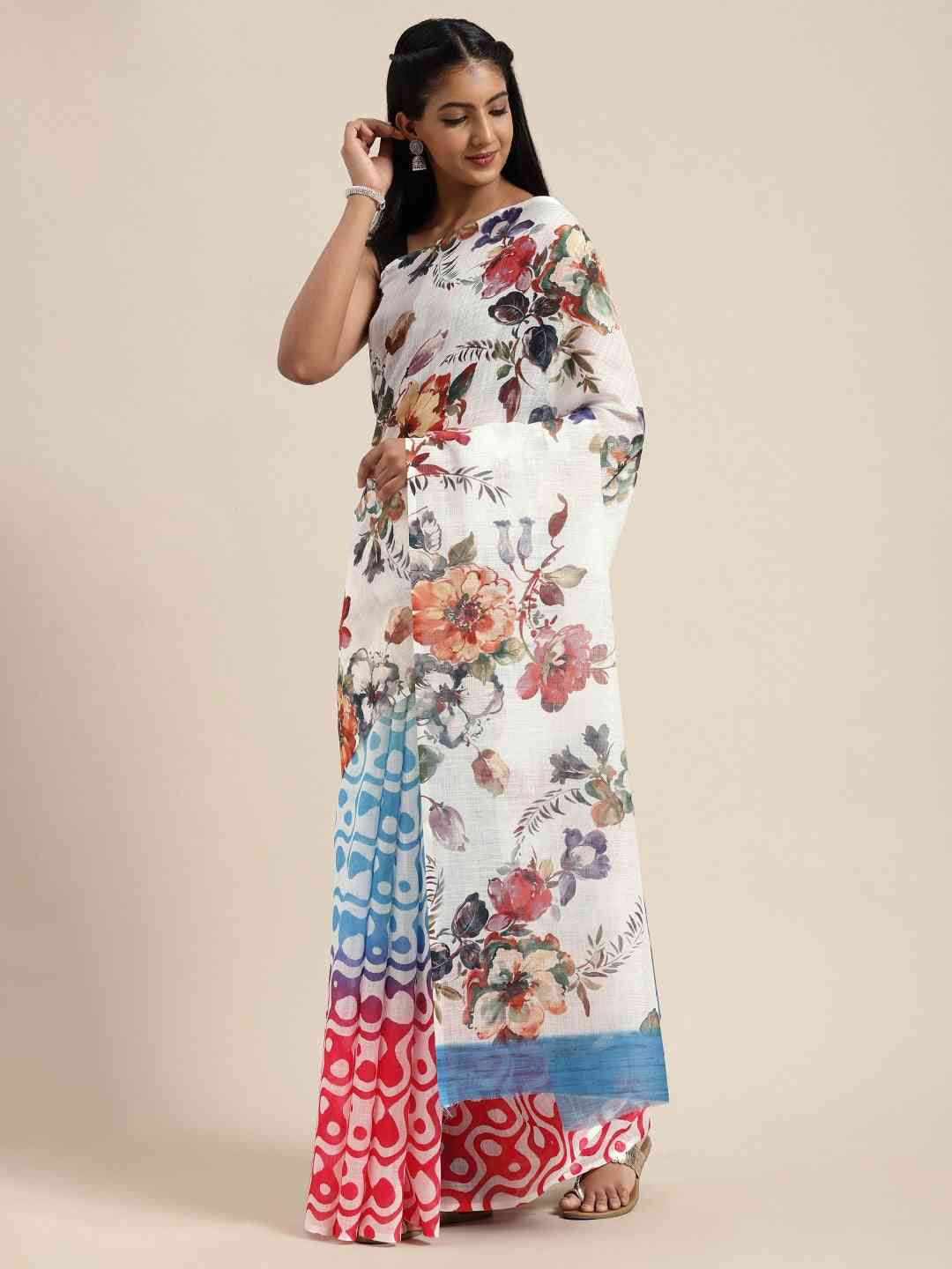 Beautiful Linen Saree With Floral Print