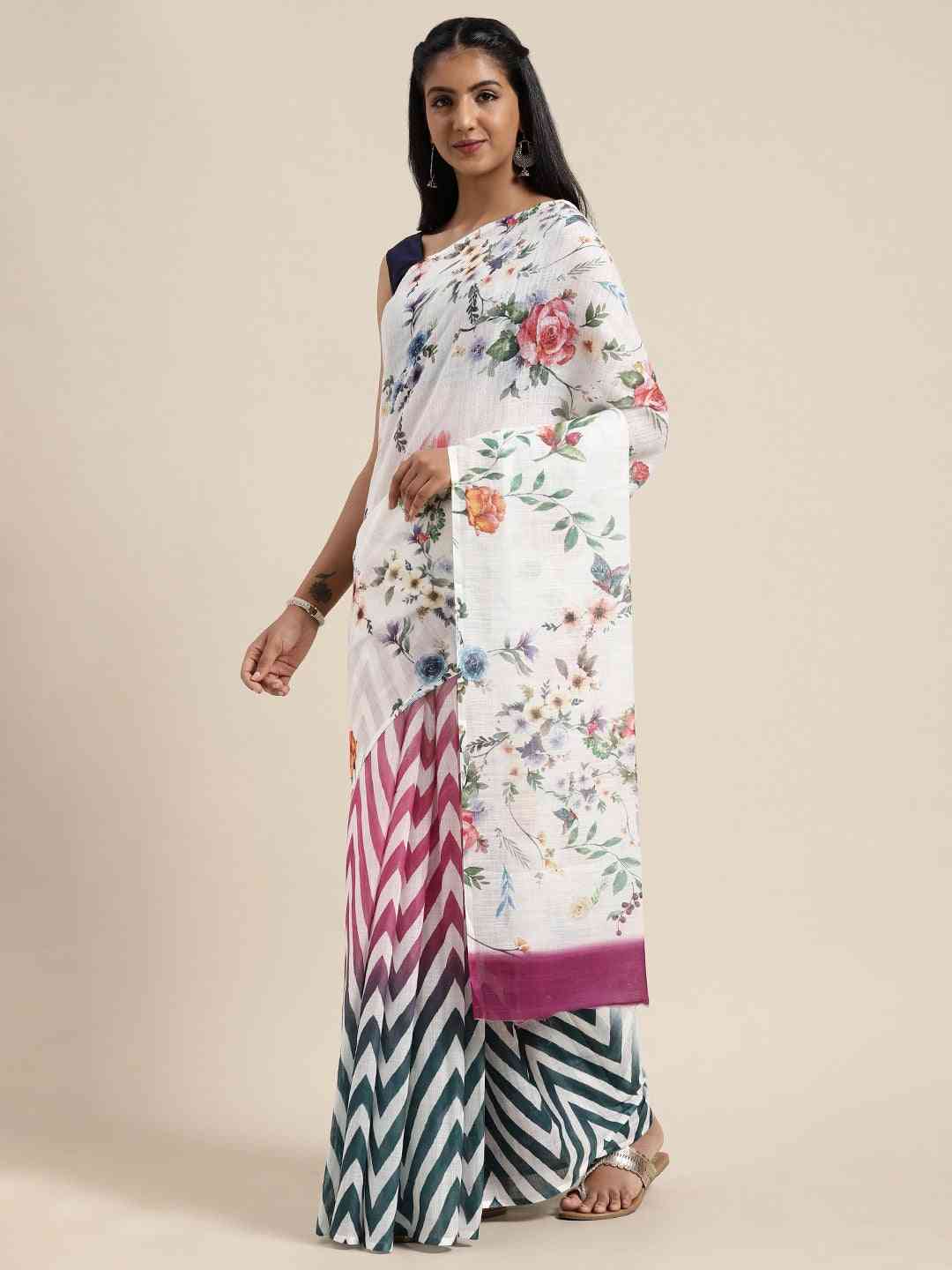 Stylish Linen Floral And Geometric Print Saree