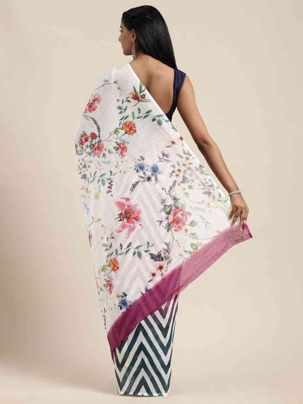 Stylish Linen Floral And Geometric Print Saree