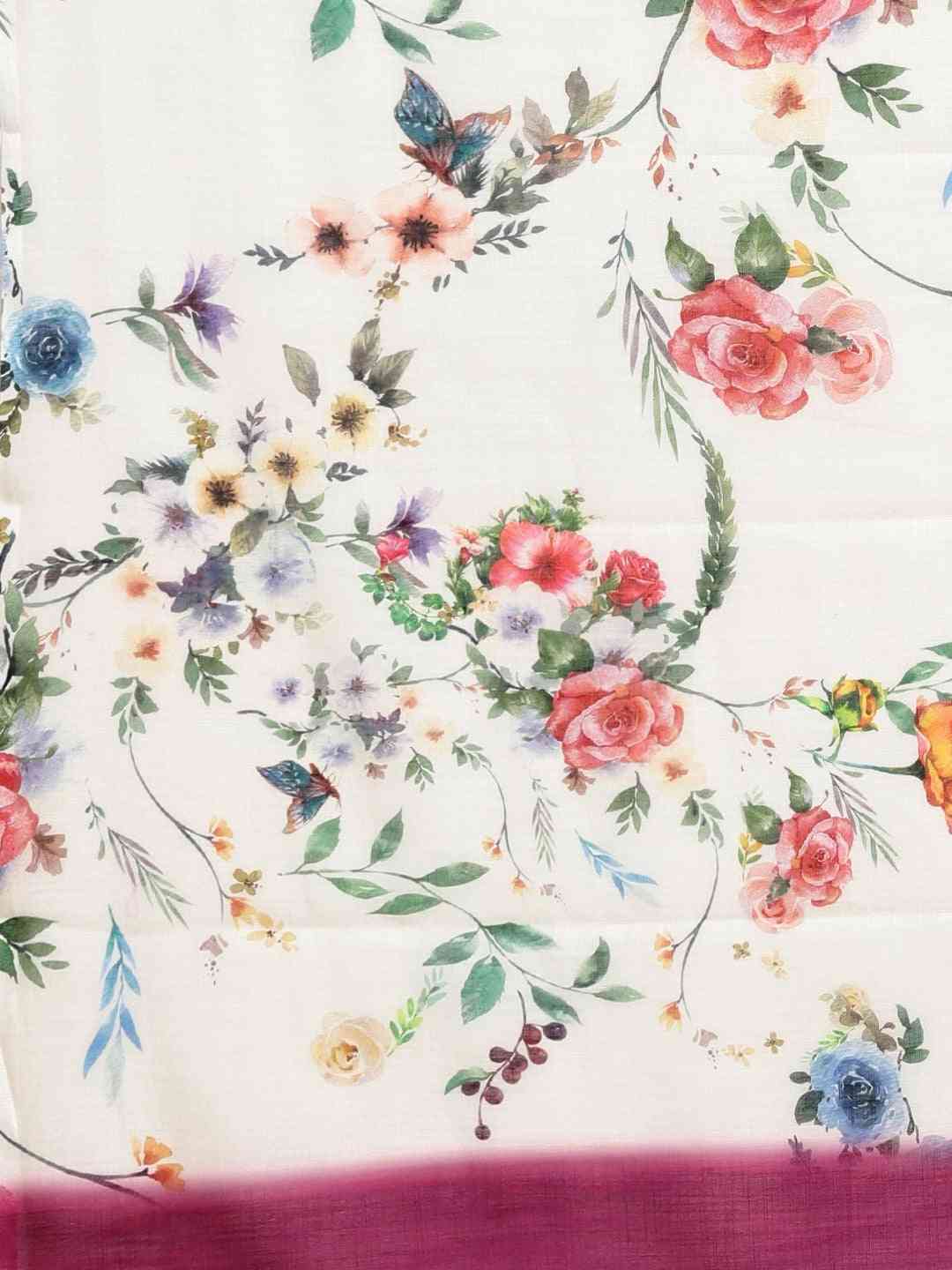 Stylish Linen Floral And Geometric Print Saree