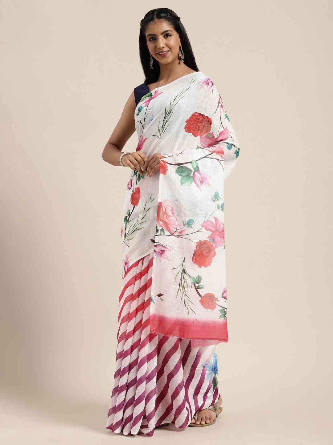 Beautiful Linen Floral And Striped Print Saree
