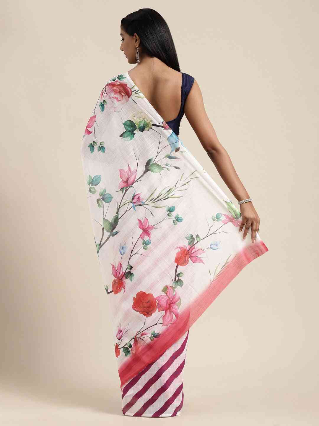 Beautiful Linen Floral And Striped Print Saree