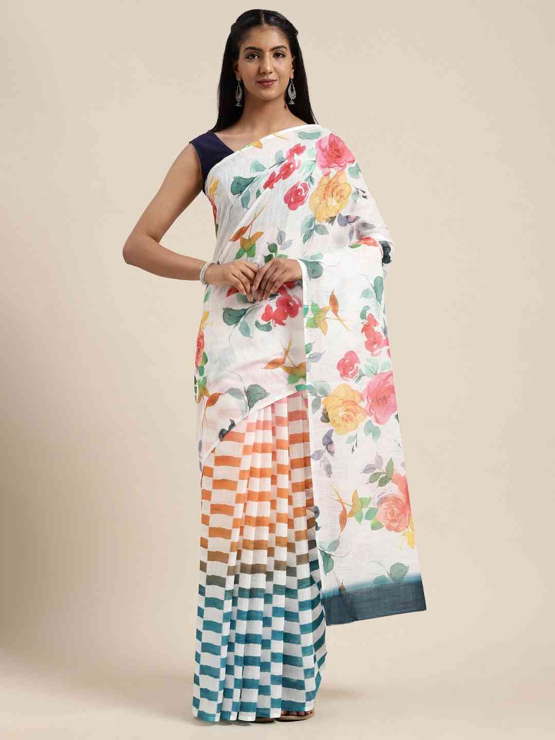 Trendy Linen Floral And Geometric Print Saree