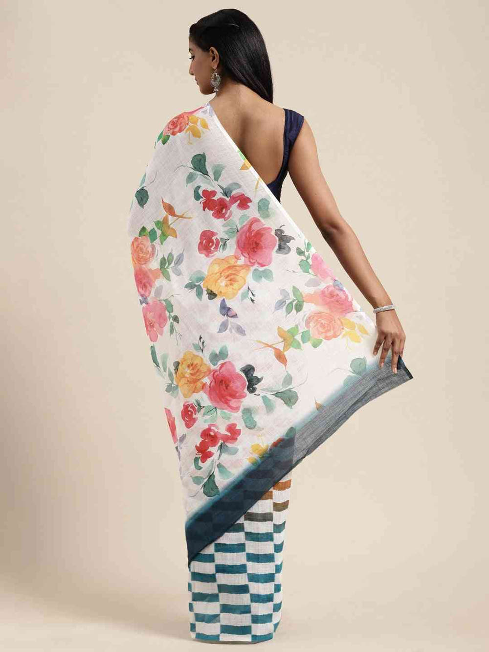 Trendy Linen Floral And Geometric Print Saree