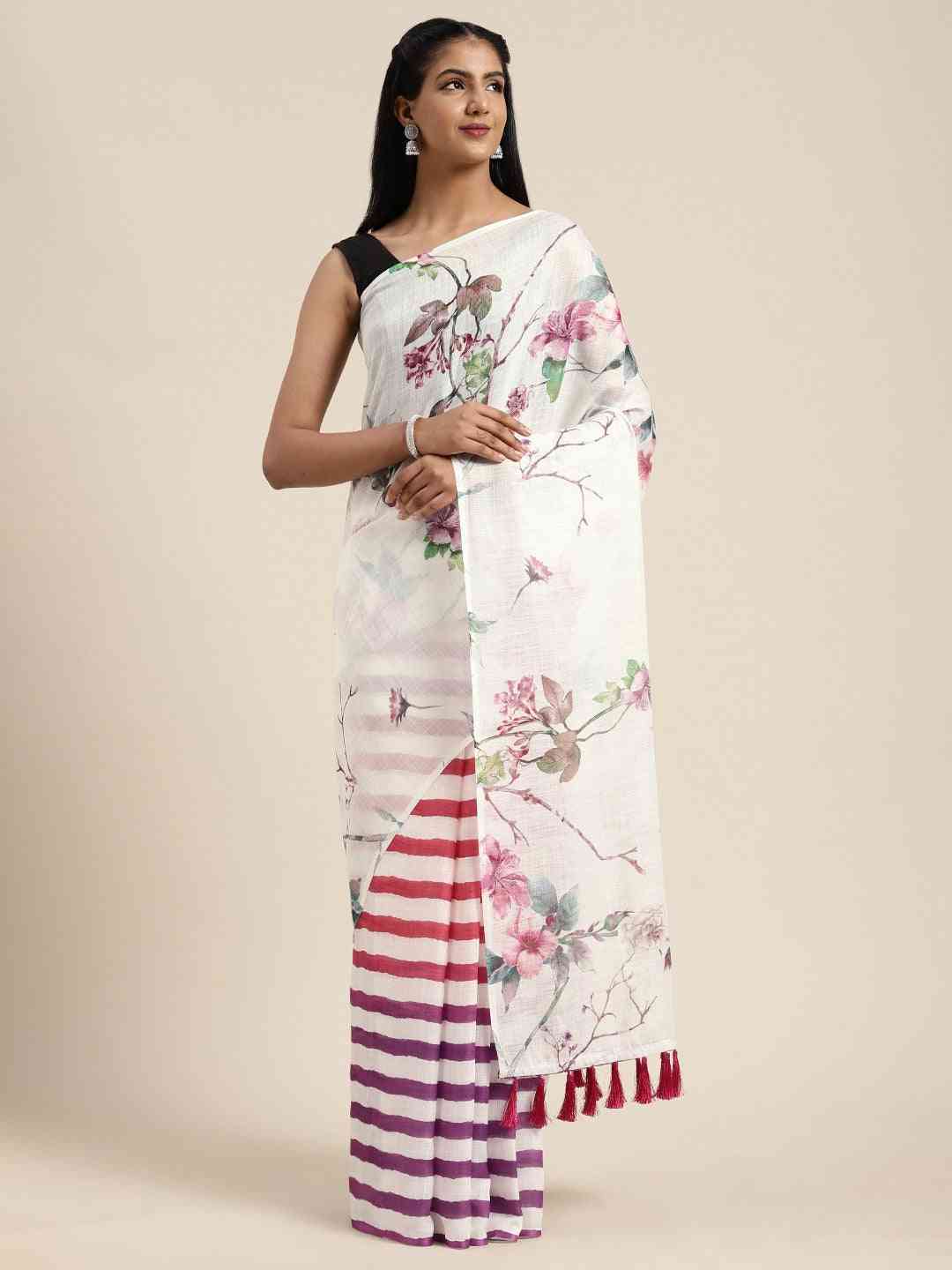 Beautiful Linen Saree With Floral Print