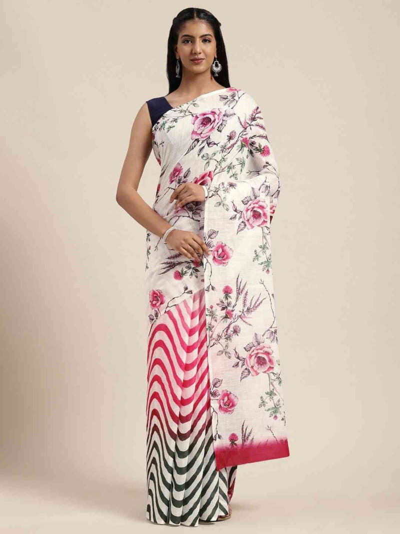 Traditional Linen Floral And Geometric Print Saree