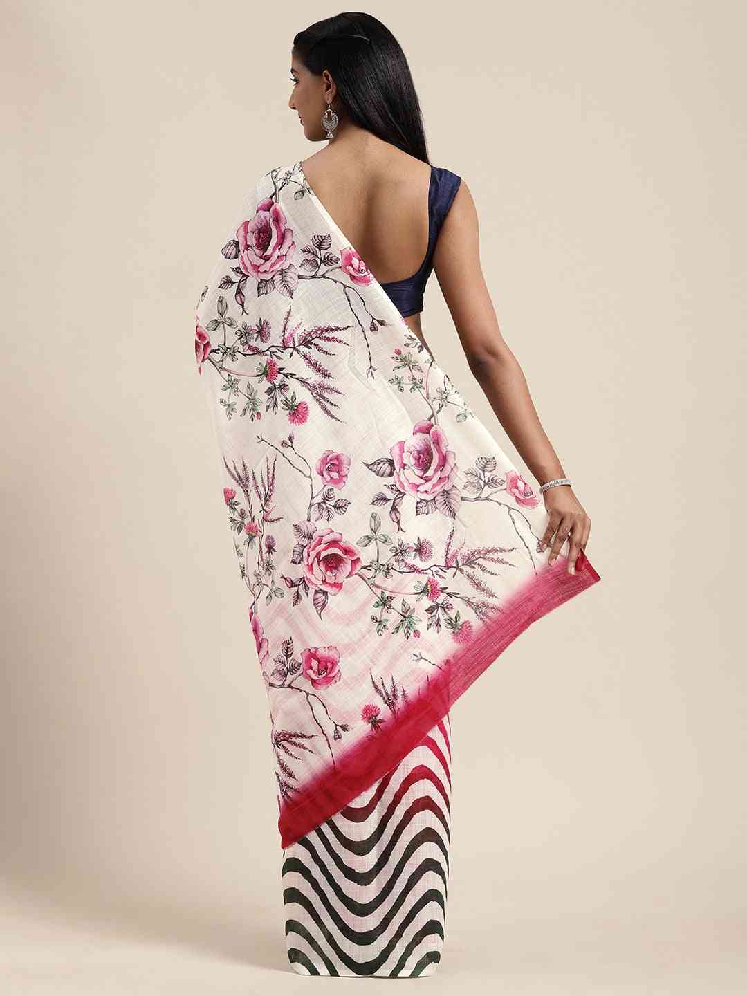 Traditional Linen Floral And Geometric Print Saree