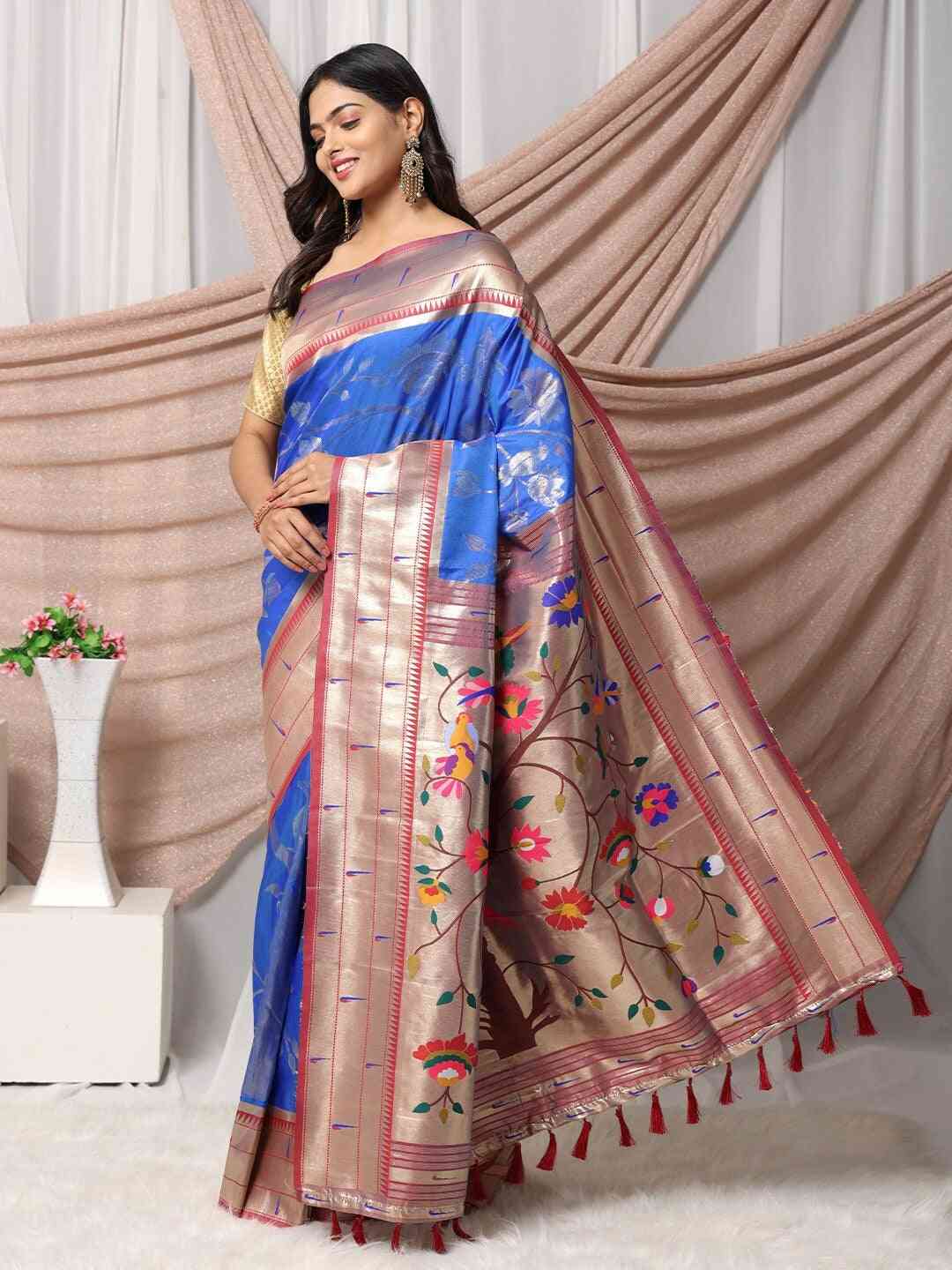 Silk Blend Woven Zari Work Paithani Saree In Blue Colour